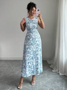 Selianne 女士印花法式优雅无袖连衣裙，夏季 - 藍白色 - 查看 6