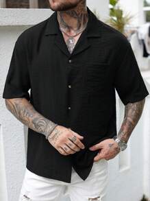 Manfinity Homme 男士纯色黑色落肩单排扣罗纹夏季休闲衬衫 - 黑色 - 查看 5