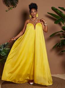 Maweii 大码女式纯色露背长款度假连衣裙 - 黃色 - 查看 7