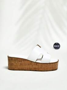 SHUZIA Wide Width Luxe-Inspired Women's Harness Cut Out Square Toe Cork Platform Minimalist Pu White Slides–Plus Size Timeless, Stylish & Comfortable