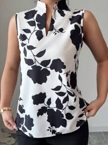 Elenzga V-Neck Silhouette Print Sleeveless Half-Placket Shirt Blouse
