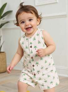 Cozy Pixies Peto de niño bebé con estampado de árbol de coco de dibujos animados, de cuello redondo y sin mangas, shorts, casual y versátil