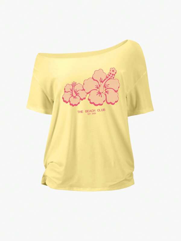 Sweetra Tricou de damă mărime mare, lejer, cu imprimeu floral de hibiscus galben, mărime mare, pentru plajă/vară