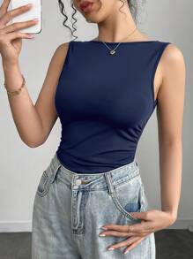 Black Waist Ruffle Slim Fit Backless Bodysuit For Wome - Navy Blue - View 4