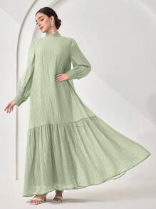 Veilorie Women's Solid Color Mandarin Collar Long Sleeve Ruffled Hem Casual Dress - Green - View 3