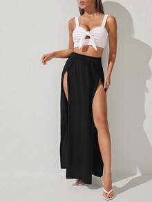 SHEIN PETITE Solid Split Thigh Summer Women Black Skirt - Black - View 5