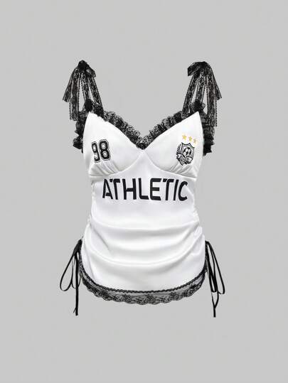 ROMWE Avant Canotta da donna con arricciature, orlo in pizzo a contrasto e laccetti, in stile Y2K