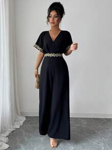 Elenzga 新设计感金色花卉蕾丝束腰黑色优雅蝙蝠袖连体裤，春夏