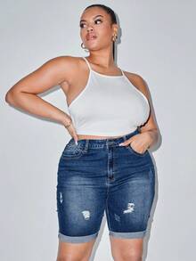 SHEIN Essnce Plus Size Denim Shorts - Medium Wash - View 5