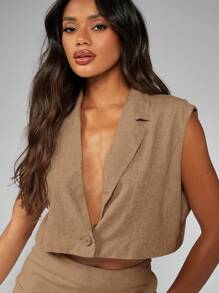 MISSGUIDED Blazer de lino sin mangas corto, profesional, de negocios, casual, de oficina, para el verano y la primavera, chaleco, chaqueta ligera, ropa de trabajo, top de moda - Marrón Mocha - Ver 5