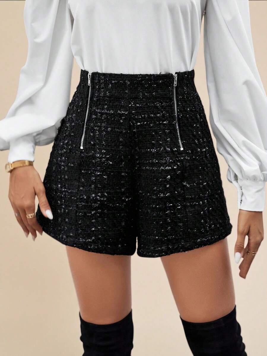 SHEIN Clasi Dây kéo Quần short vải nỉ - màu đen - Xem 1