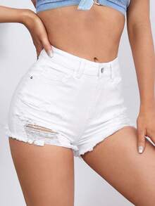 SHEIN ICON 女士牛仔短裤 - 白色 - 查看 1