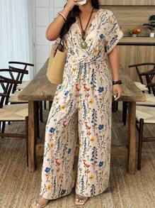 EMERY ROSE Plus Size Women's Floral Print V-Neck Batwing Sleeve Ruched Waist Wide Leg Jumpsuit, Summer Vacation Style - Multicolor - View 3