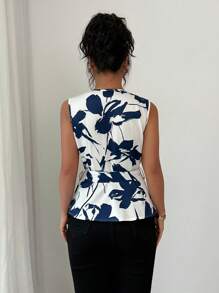 Elenzga Women's Elegant Floral Print Waist V-Neck Sleeveless Blouse, Summer