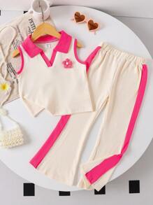 SHEIN Playful Pals 2 件套女童 3D 花卉针织撞色 Polo 衫和针织喇叭裤，夏季服装 - 玫紅色 - 查看 3