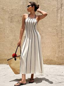 SHEIN Frenchy Vestido de verano minimalista de mujer con bloques de color y escote halter sin espalda - Multicolor - Ver 3