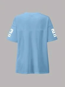 INAWLY Women's Loose V-Neck T-Shirt With "Irreplaceable" Slogan And Number 23 Graphic Print - Dusty Blue - View 2