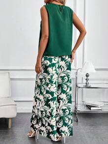 SHEIN Clasi 2pcs Women Easter Spring Green Curl Flower Print Pants Set - Multicolor - View 4