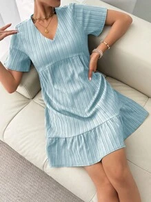 Chiquease Women's Summer Solid Color V-Neck Short Sleeve Ruffle Hem Dress Vacation Beach Outfit