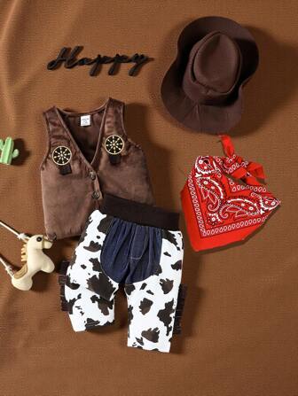 SHEIN Perso Play 男婴美国西部复古牛仔婴儿服装套装，包括帽子、围巾、流苏绒面背心和牛印花裤，适合派对、生日照片