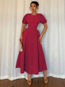 Elenzga Vestido elegante y romántico para vacaciones, ajustado a la cintura, con volantes, mangas abultadas y hombros descubiertos, de color azul francés, para bodas de verano de 2025