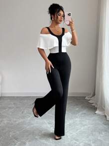 Selianne Mono elegante de mujer con color contrastante y hombros al descubierto para el verano - Blanco y Negro - Ver 4