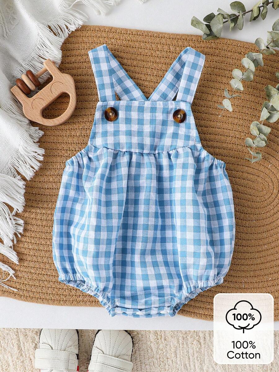SHEIN New Born Baby Plaid Casual Cute Fashion Bodysuit - Dusty Blue - View 1