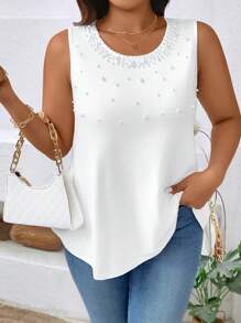 EMERY ROSE Plus Size Women Casual Beaded Decoration Tank Top - White - View 6