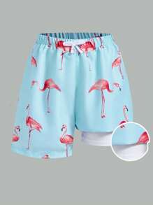 SHEIN 1 pieza Pantalones de playa de 2 en 1 con estampado de grulla de corona roja para niño preadolescente, adecuados para vacaciones, viajes, deportes y temporadas de primavera y verano - Multicolor - Ver 2