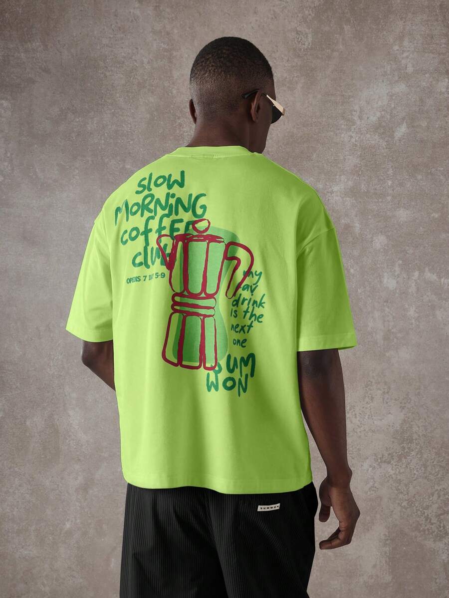 SUMWON 夏季舒适棉质 T 恤，带有咖啡店印花信息，休闲街头服饰节日都市时尚柔软超大设计