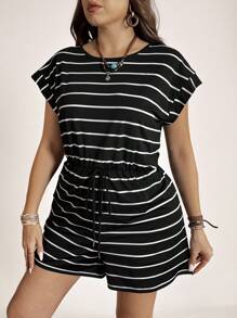 SHEIN LUNE Plus Size Nữ Sọc Trắng Cổ Tròn Cổ Cánh Dơi Tay Ngắn Playsuit Thường Ngày Cho Mùa Hè - Đen và trắng - Xem 3