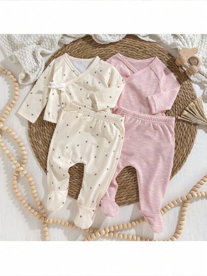 Loomiva Newborn Baby 4pcs Set - Ditsy Floral Pattern Soft Knit Crew Neck Long Sleeve Pullover Top + Elastic Waist Long Pants