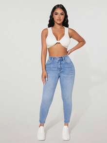 SHEIN PETITE High-Waisted Button-Embellished Skinny Stretch Distressed Y2K Jeans Thermal Lined Skinny Jeans With Pockets, Autumn & Winter Thickened Denim - Light Wash - View 4