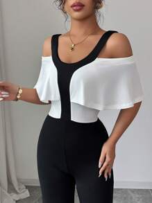 Selianne Mono elegante de mujer con color contrastante y hombros al descubierto para el verano - Blanco y Negro - Ver 5