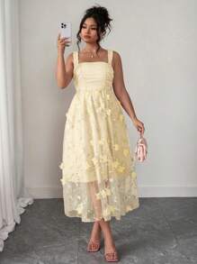 Elenzga Váy Maxi in hoa không tay trễ vai thanh lịch màu trơn cỡ lớn dành cho nữ, phong cách xuân hè lãng mạn cao cấp - Màu vàng - Xem 4