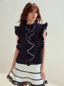 MOTF STUDIO Blusa con dettagli volant e profili a contrasto - nero - Visualizzare 6