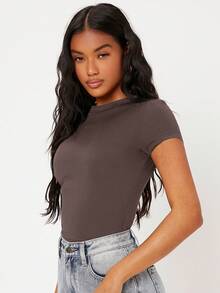 SHEIN BASICS Solid Form Fitted Tee/Summer - Mocha Brown - View 5