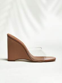 Hauture 女士透明坡跟穆勒鞋，时尚露趾凉鞋 - 米色 - 查看 4