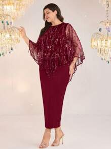 Modelyn Đầm bodycon dự tiệc thanh lịch cỡ lớn cho nữ & áo sequin 2 mảnh - Màu Đỏ Sâu - Xem 4