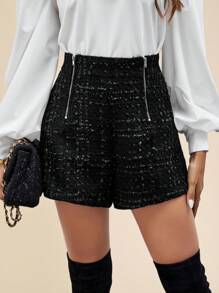 SHEIN Clasi Dây kéo Quần short vải nỉ - màu đen - Xem 4