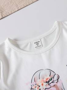 SHEIN Playful Pals 2 chiếc/bộ váy in họa tiết hoa dễ thương cho bé gái & thiết kế hình bóng bé gái - Màu tím - Xem 3