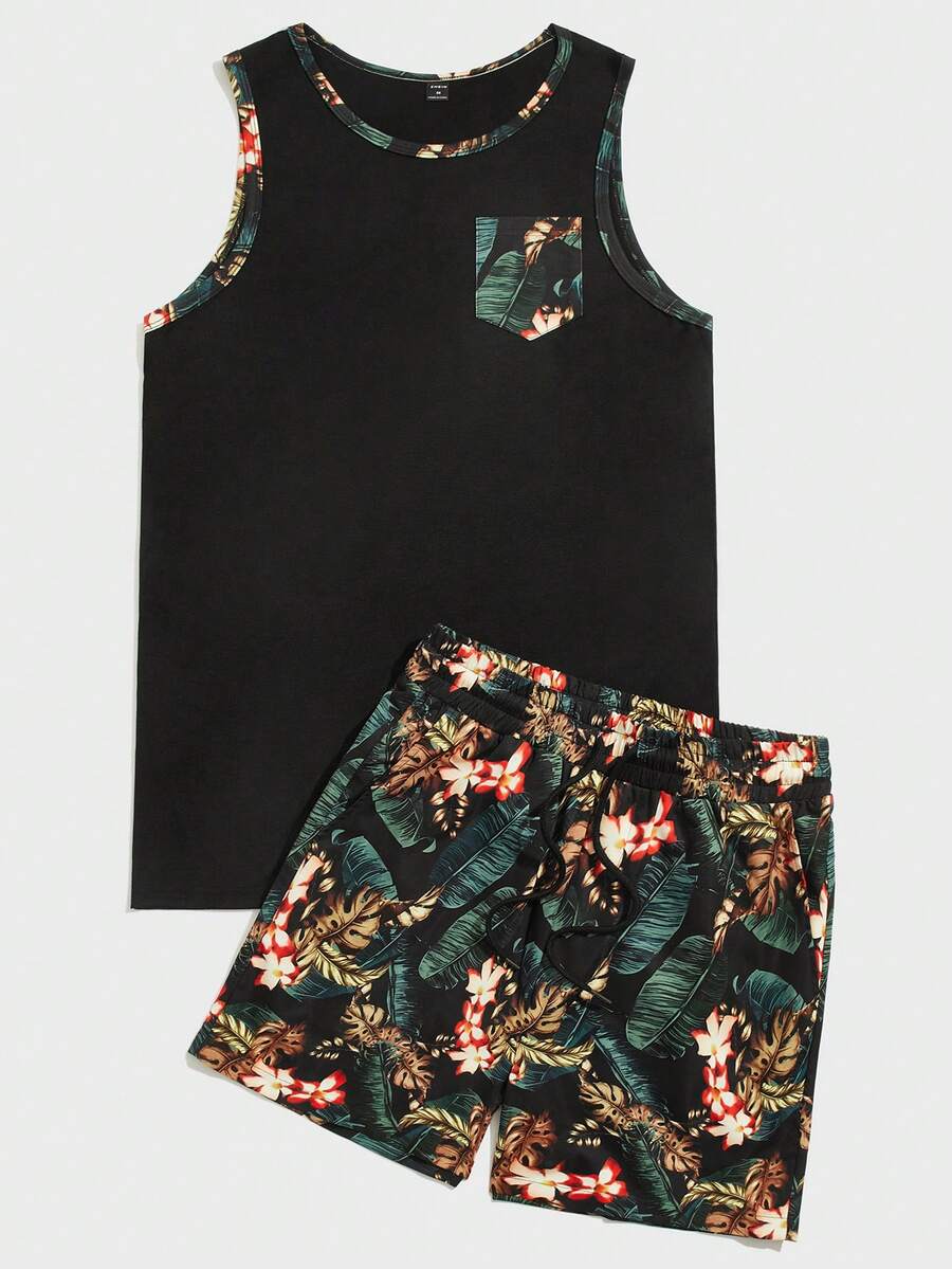 Ensemble débardeur et short imprimé tropical décontracté grande taille pour hommes EASEVO - Multicolore - Voir 1