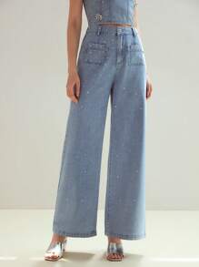 MOTF STUDIO RHINESTONE DETAIL PATCH POCKET WIDE LEG JEANS