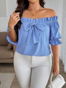 Easura Plus Size Women's Versatile Off Shoulder & Square Neck Blouse, Elegant For Office Wear, With Bow