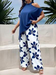 SHEIN LUNE Plus Size Blue Casual Loose Off-Shoulder Two-Piece Suit, Suitable For Summer, Contrast Vintage Blue And White Print Wide-Leg Pants And Off-Shoulder Asymmetrical Hem Shirt, Women's Two-Piece Suit, Resort Style, Holiday Outfit, Bohemian Style, Old Style, Ins Blogger Outfit, 2-Piece Suit,Simple And Stylish For Mother's Day - Navy Blue - View 7