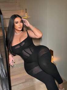 Flirla 大码女式性感无袖镂空连体裤 - 黑色 - 查看 4