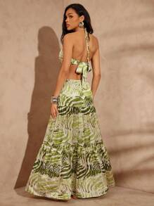 Hauture Đầm Maxi Đi Biển Satin Khoét Hở Phía Trước Halter Hở Lưng Cho Nữ - màu xanh lá - Xem 2