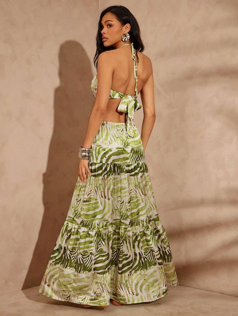 Hauture Đầm Maxi Đi Biển Satin Khoét Hở Phía Trước Halter Hở Lưng Cho Nữ