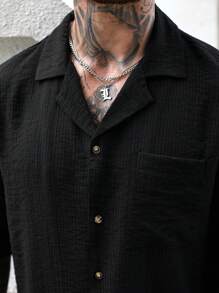 Manfinity Homme 男士纯色黑色落肩单排扣罗纹夏季休闲衬衫 - 黑色 - 查看 3