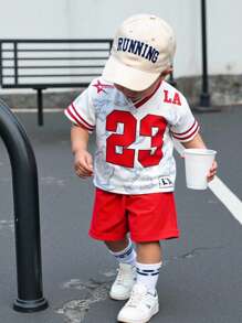 SHEIN 2pcs Baby Boy Casual Sports 23 Number Print V-Neck Short Sleeve T-Shirt And Shorts Set, Baby Boy Clothes Streetwear Baby Boy Clothes Sporty Boy Clothes Baby Boys Clothes Baby Boy Summer Clothes Baby Boys Sets Baby Boy Clothes Sporty Baby Boy Sports Clothes Baby Boy Jersey Boy Clothes Set Boy Clothes For Baby Summer Boy Clothes For Baby Infant Baby Boys Clothes Kid Clothes Toddler Clothes Baby Outfit 6M-3T